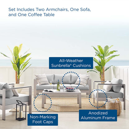 Shore 4 Piece Sunbrella® Fabric Outdoor Patio Aluminum Set - Silver Gray