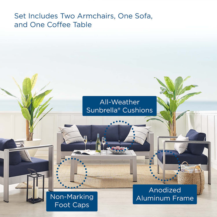Shore 4 Piece Sunbrella® Fabric Outdoor Patio Aluminum Set - Silver Navy