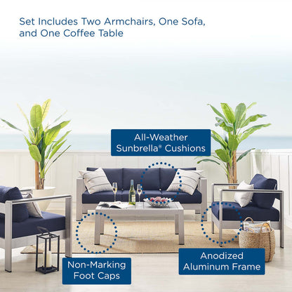 Shore 4 Piece Sunbrella® Fabric Outdoor Patio Aluminum Set - Silver Navy