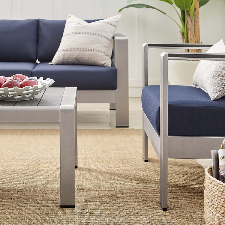 Shore 4 Piece Sunbrella® Fabric Outdoor Patio Aluminum Set - Silver Navy