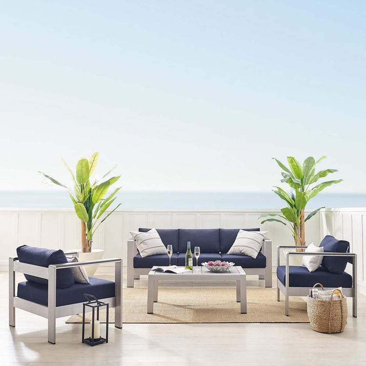 Shore 4 Piece Sunbrella® Fabric Outdoor Patio Aluminum Set - Silver Navy