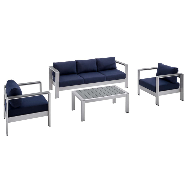 Shore 4 Piece Sunbrella® Fabric Outdoor Patio Aluminum Set - Silver Navy