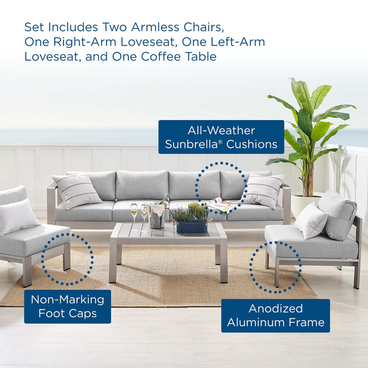 Shore 5 Piece Sunbrella® Fabric Outdoor Patio Aluminum Sectional Sofa Set - Silver Gray