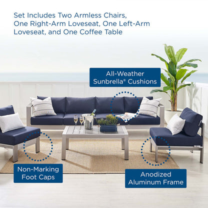 Shore 5 Piece Sunbrella® Fabric Outdoor Patio Aluminum Sectional Sofa Set - Silver Navy