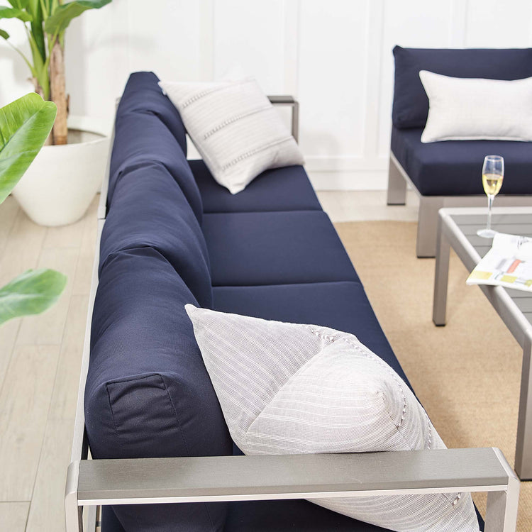 Shore 5 Piece Sunbrella® Fabric Outdoor Patio Aluminum Sectional Sofa Set - Silver Navy