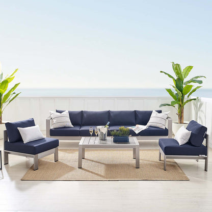 Shore 5 Piece Sunbrella® Fabric Outdoor Patio Aluminum Sectional Sofa Set - Silver Navy