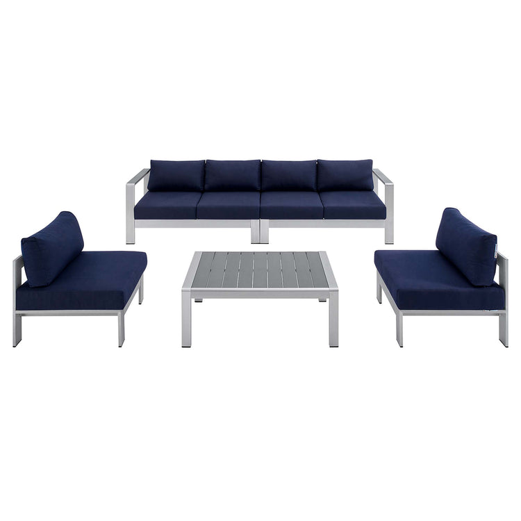 Shore 5 Piece Sunbrella® Fabric Outdoor Patio Aluminum Sectional Sofa Set - Silver Navy