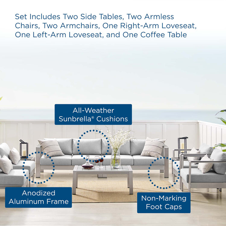 Shore 9 Piece Sunbrella® Fabric Outdoor Patio Aluminum Sectional Sofa Set - Silver Gray