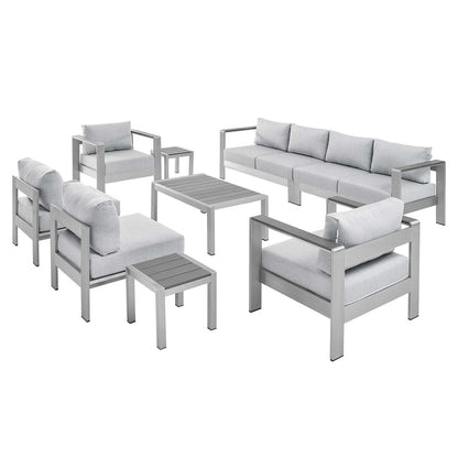 Shore 9 Piece Sunbrella® Fabric Outdoor Patio Aluminum Sectional Sofa Set - Silver Gray