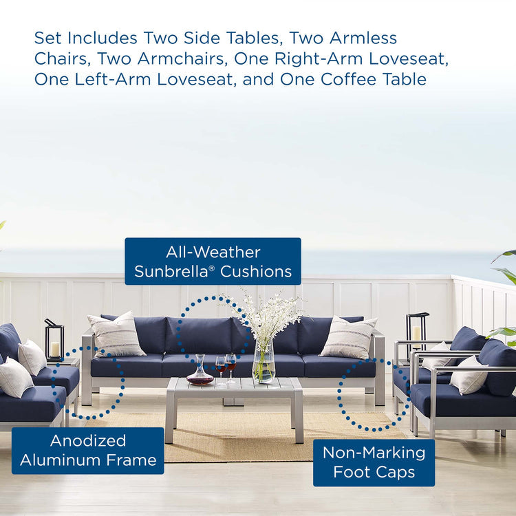 Shore 9 Piece Sunbrella® Fabric Outdoor Patio Aluminum Sectional Sofa Set - Silver Navy