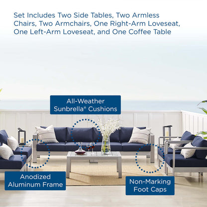 Shore 9 Piece Sunbrella® Fabric Outdoor Patio Aluminum Sectional Sofa Set - Silver Navy