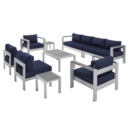 Shore 9 Piece Sunbrella® Fabric Outdoor Patio Aluminum Sectional Sofa Set - Silver Navy