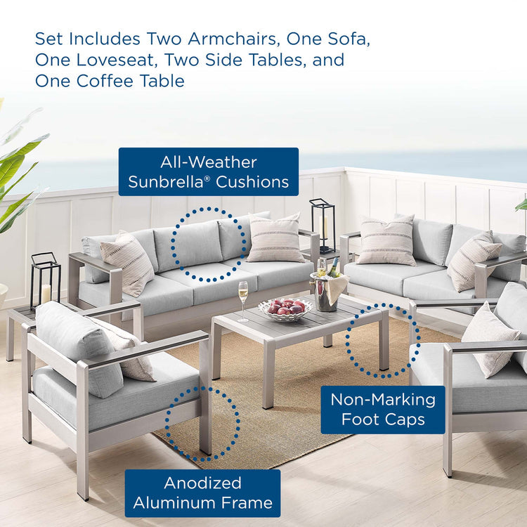 Shore 7 Piece Sunbrella® Fabric Outdoor Patio Aluminum Set - Silver Gray