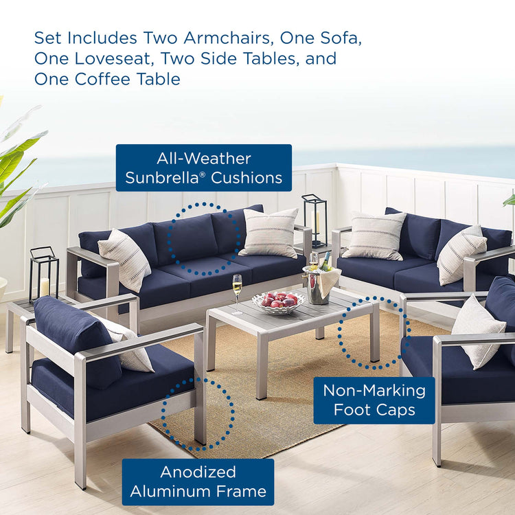 Shore 7 Piece Sunbrella® Fabric Outdoor Patio Aluminum Set - Silver Navy