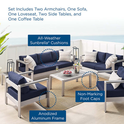 Shore 7 Piece Sunbrella® Fabric Outdoor Patio Aluminum Set - Silver Navy
