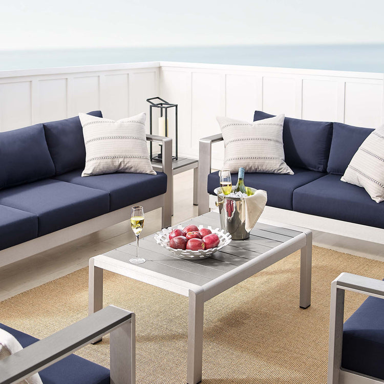 Shore 7 Piece Sunbrella® Fabric Outdoor Patio Aluminum Set - Silver Navy