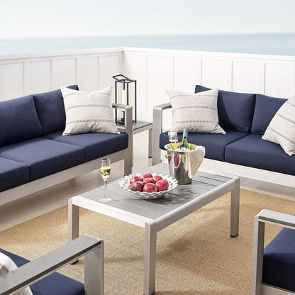 Shore 7 Piece Sunbrella® Fabric Outdoor Patio Aluminum Set - Silver Navy