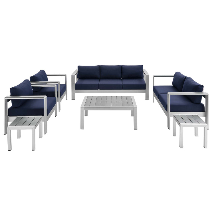 Shore 7 Piece Sunbrella® Fabric Outdoor Patio Aluminum Set - Silver Navy
