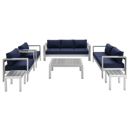Shore 7 Piece Sunbrella® Fabric Outdoor Patio Aluminum Set - Silver Navy