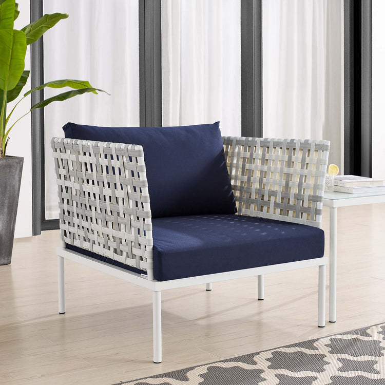 Harmony Sunbrella® Basket Weave Outdoor Patio Aluminum Armchair - Taupe Navy