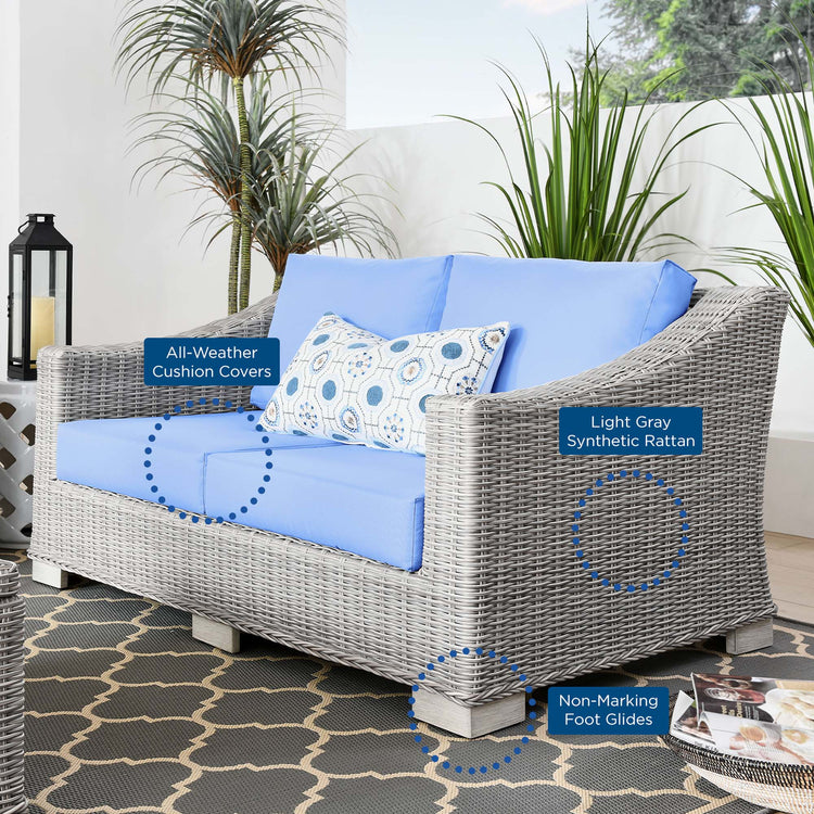 Conway Outdoor Patio Wicker Rattan Loveseat - Light Gray Light Blue