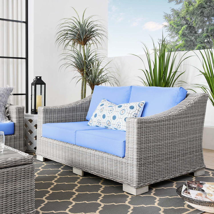 Conway Outdoor Patio Wicker Rattan Loveseat - Light Gray Light Blue