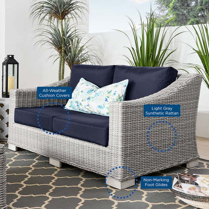 Conway Outdoor Patio Wicker Rattan Loveseat - Light Gray Navy