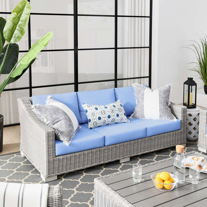 Conway Outdoor Patio Wicker Rattan Sofa - Light Gray Light Blue