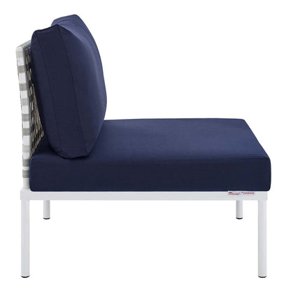 Harmony Sunbrella® Basket Weave Outdoor Patio Aluminum Armless Chair - Taupe Navy