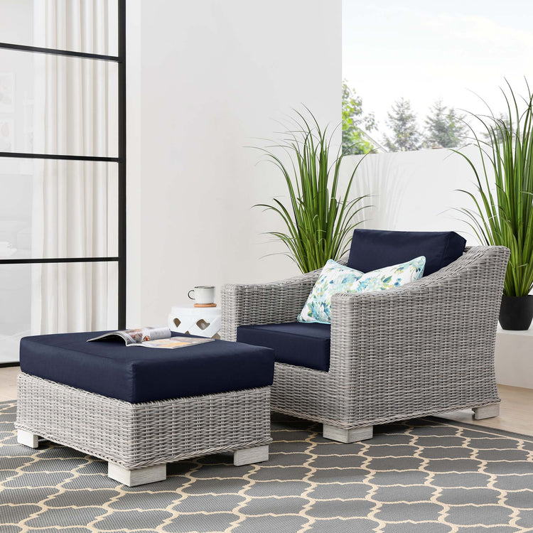 Conway 2-Piece Outdoor Patio Wicker Rattan Armchair and Ottoman Set - Light Gray Navy