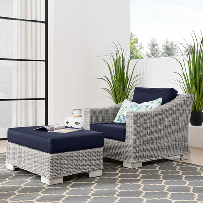 Conway 2-Piece Outdoor Patio Wicker Rattan Armchair and Ottoman Set - Light Gray Navy