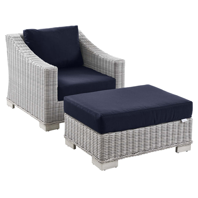 Conway 2-Piece Outdoor Patio Wicker Rattan Armchair and Ottoman Set - Light Gray Navy