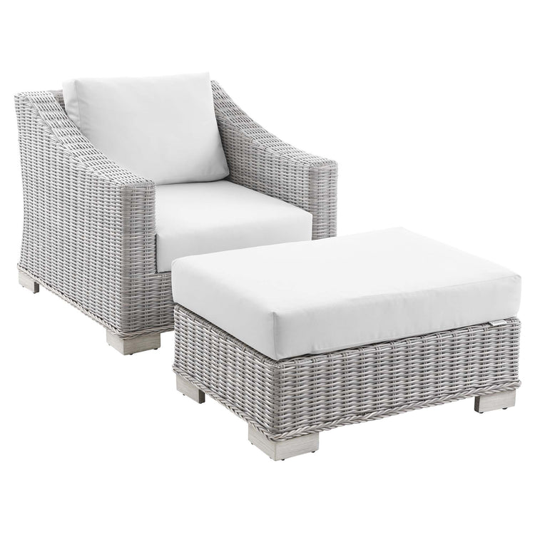 Conway 2-Piece Outdoor Patio Wicker Rattan Armchair and Ottoman Set - Light Gray White