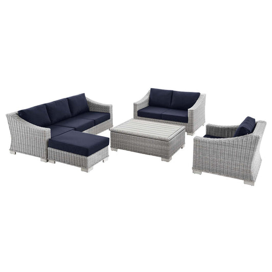 Conway 5-Piece Outdoor Patio Wicker Rattan Furniture Set - Light Gray Navy