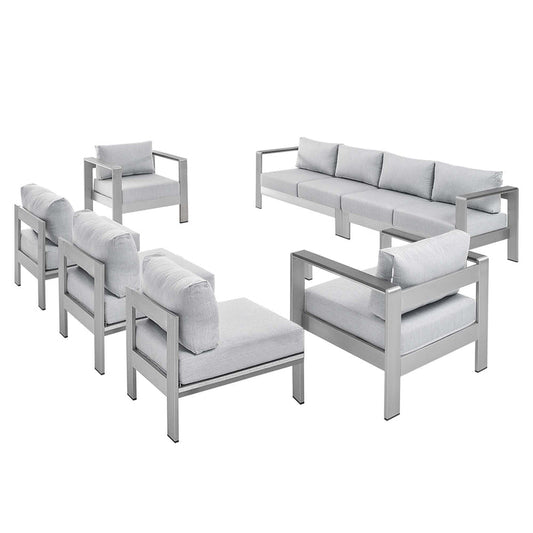 Shore 7 Piece Sunbrella® Fabric Outdoor Patio Aluminum Sectional Sofa Set - Silver Gray