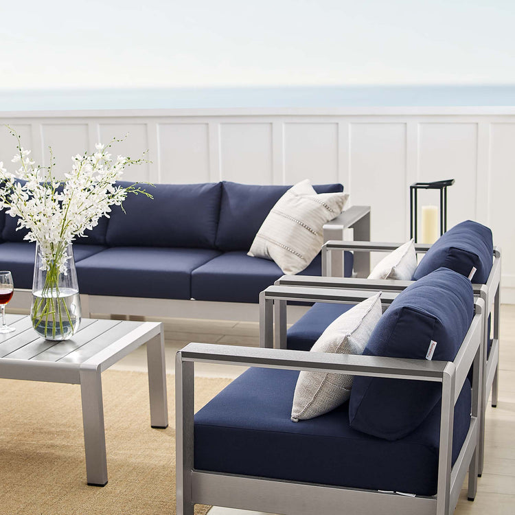 Shore 7 Piece Sunbrella® Fabric Outdoor Patio Aluminum Sectional Sofa Set - Silver Navy
