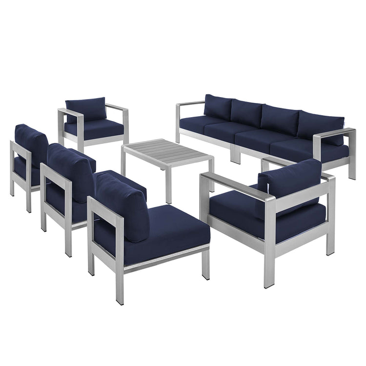 Shore 8 Piece Sunbrella® Fabric Outdoor Patio Aluminum Sectional Sofa Set - Silver Navy