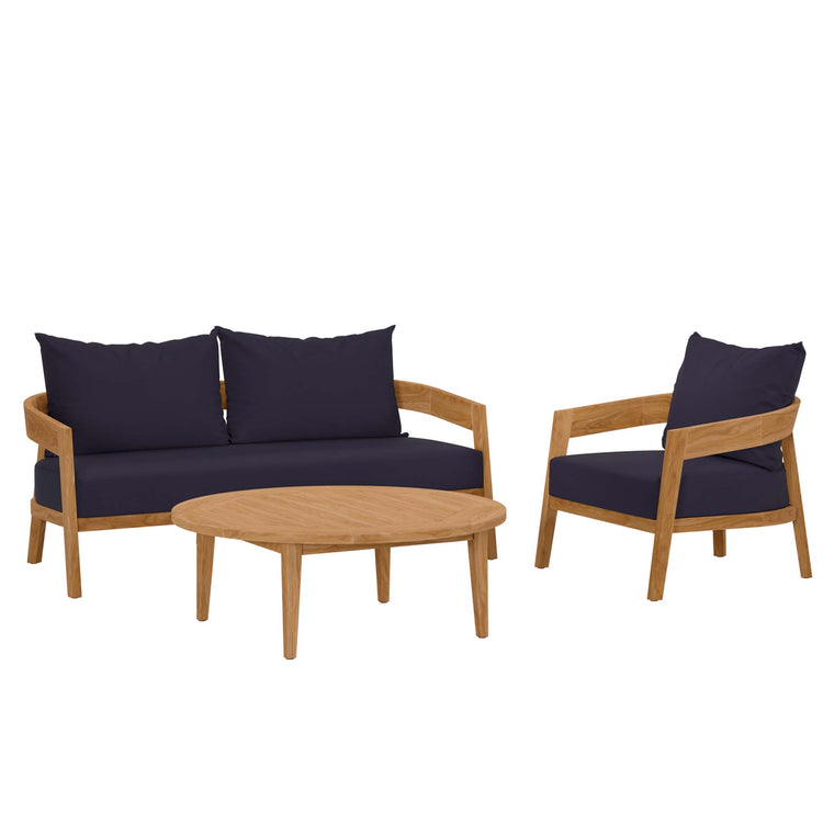 Brisbane 3-Piece Teak Wood Outdoor Patio Set - Natural Navy