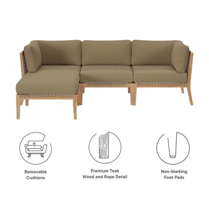 Clearwater 4-Piece Outdoor Patio Teak Wood Sectional Sofa - Gray Light Brown