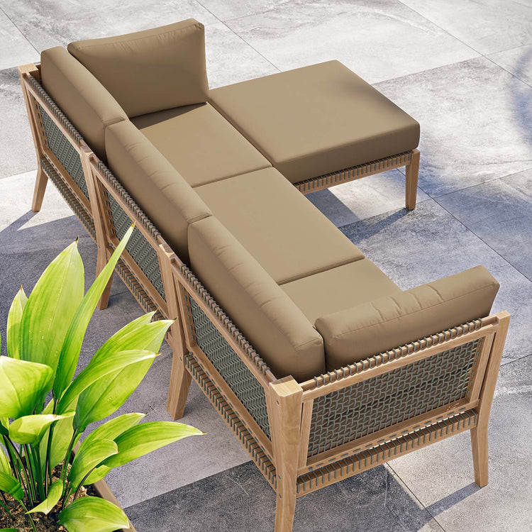 Clearwater 4-Piece Outdoor Patio Teak Wood Sectional Sofa - Gray Light Brown