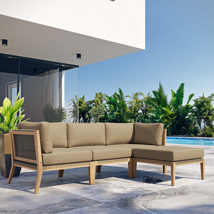 Clearwater 4-Piece Outdoor Patio Teak Wood Sectional Sofa - Gray Light Brown