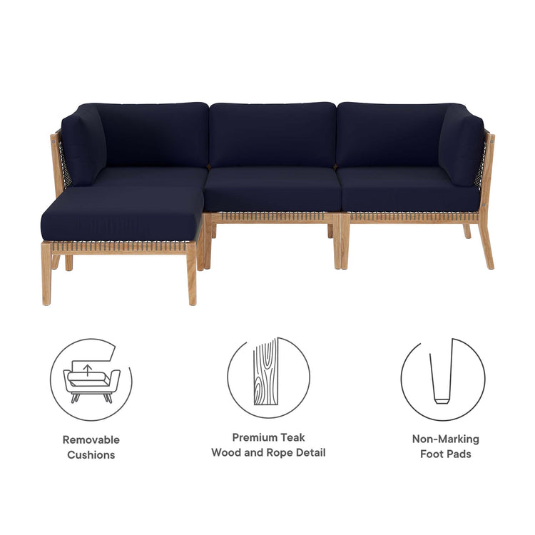 Clearwater 4-Piece Outdoor Patio Teak Wood Sectional Sofa - Gray Navy