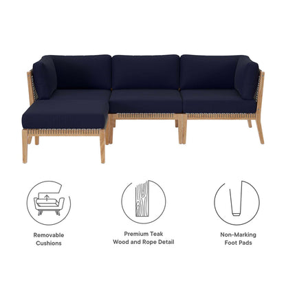 Clearwater 4-Piece Outdoor Patio Teak Wood Sectional Sofa - Gray Navy