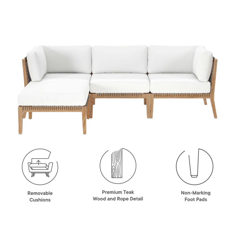 Clearwater 4-Piece Outdoor Patio Teak Wood Sectional Sofa - Gray White