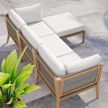 Clearwater 4-Piece Outdoor Patio Teak Wood Sectional Sofa - Gray White