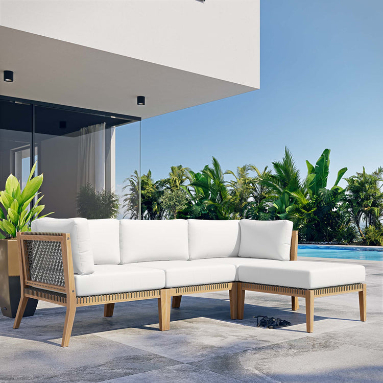 Clearwater 4-Piece Outdoor Patio Teak Wood Sectional Sofa - Gray White