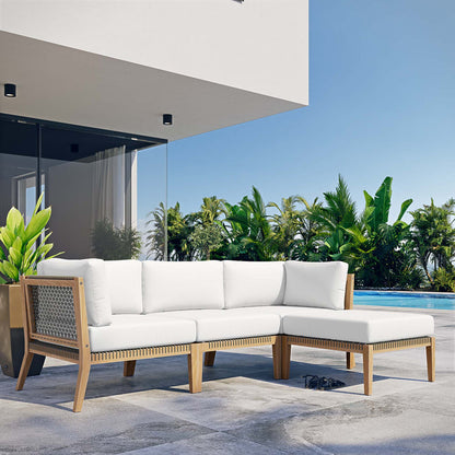 Clearwater 4-Piece Outdoor Patio Teak Wood Sectional Sofa - Gray White