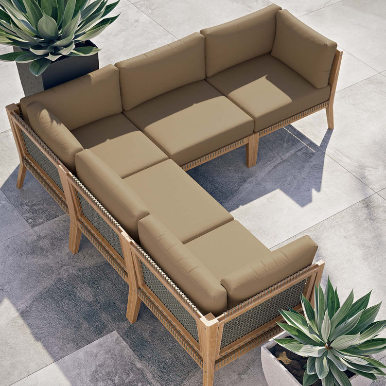 Clearwater 5-Piece Outdoor Patio Teak Wood Sectional Sofa - Gray Light Brown