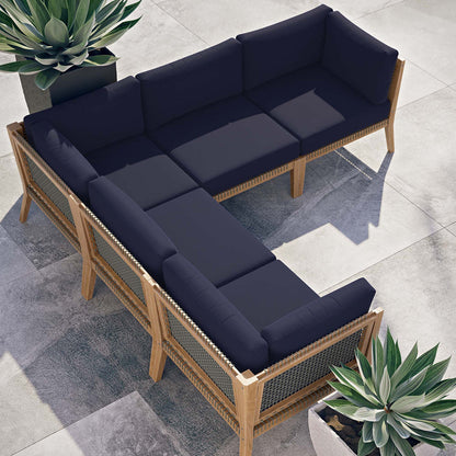 Clearwater 5-Piece Outdoor Patio Teak Wood Sectional Sofa - Gray Navy