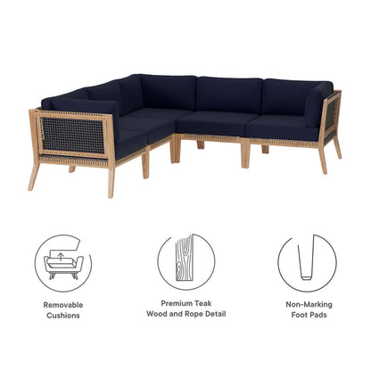 Clearwater 5-Piece Outdoor Patio Teak Wood Sectional Sofa - Gray Navy
